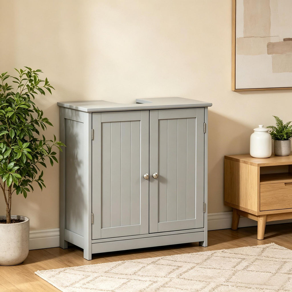 Gray Bathroom Vanity Cabinet with U-Shape Cut-Out And Adjustable Shelf Modern Bathroom Sink Storage Furniture