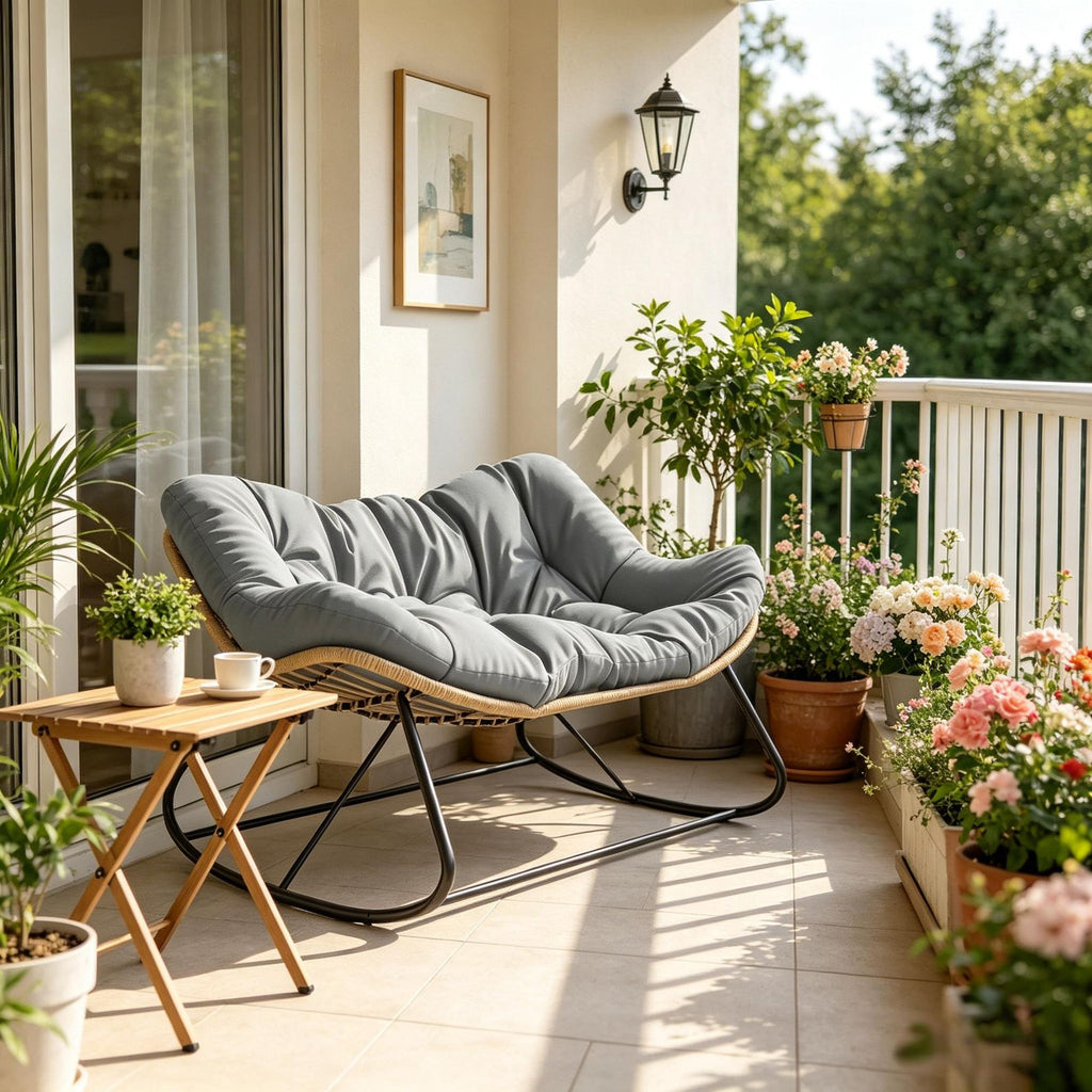 Gray Double Papasan Rocking Chair Oversized Outdoor Indoor Egg Chair with Cushion for Garden Patio