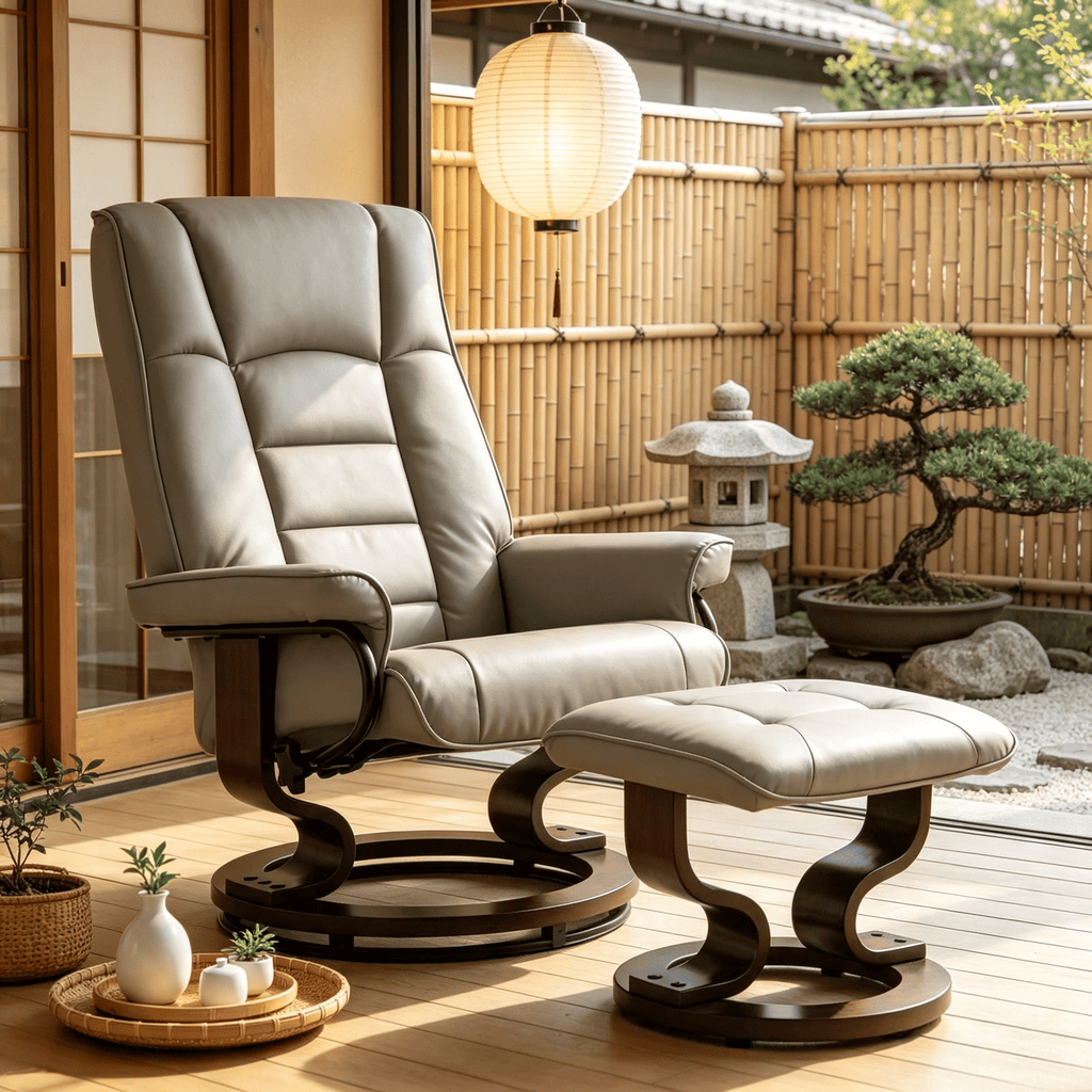Gray Faux Leather Reclining Chair with Ottoman Manual Recliner Tufted Back Wood Frame Living Room Furniture