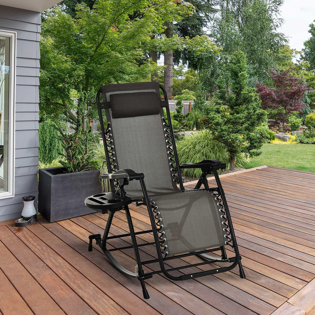 Gray Foldable Reclining Zero Gravity Outdoor Rocking Chair with Pillow Cup & Phone Holder Combo Design with Folding Legs for Lounge