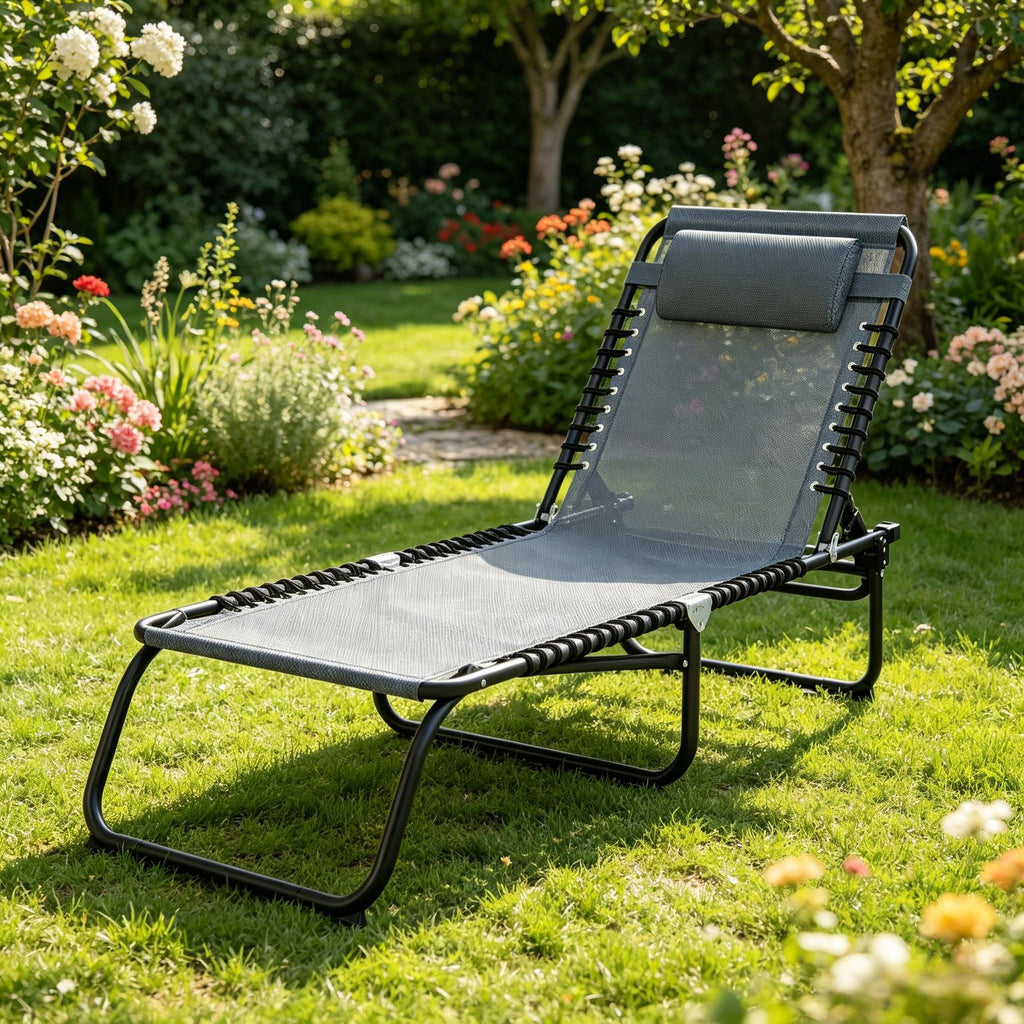 Gray Folding Chaise Lounge Pool Chair 4-Position Reclining Back Breathable Mesh Bungee Seat for Comfortable Poolside Relaxation