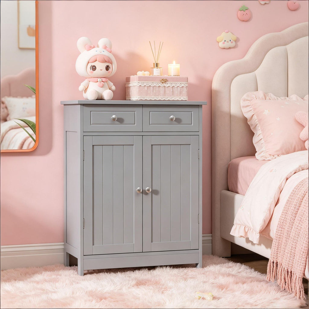 Gray Freestanding Bathroom Floor Cabinet Wooden Storage with 2 Doors 2 Drawers And Adjustable Shelf for Bathroom Organization