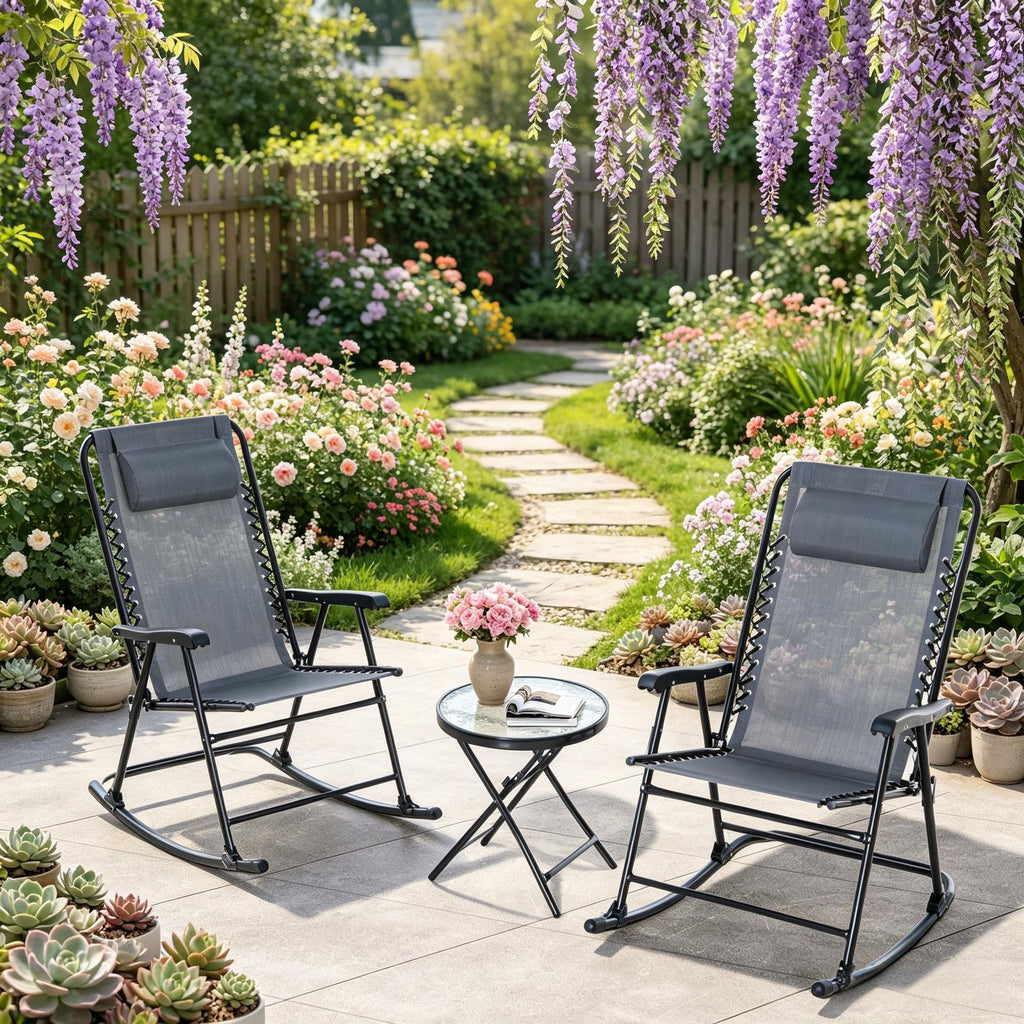 Gray Outdoor Folding Rocking Chair Set with Side Table 2 Rocking Chairs And 1 Table with Tempered Glass Armrests for Patio Seating