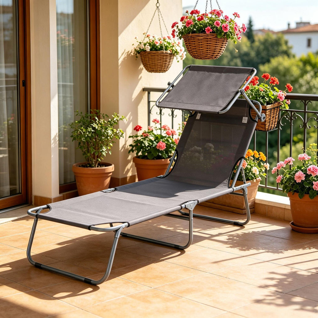 Gray Outdoor Pool Chaise Lounge Chair Folding Tanning Chair with Sun Shade for Garden Beach