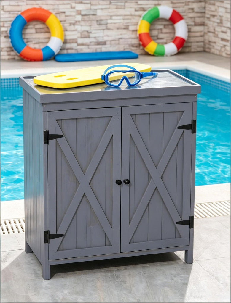Gray Outdoor Storage Cabinet Tool Shed with Galvanized Top Two Shelves for Yard Tools Pool Accessories