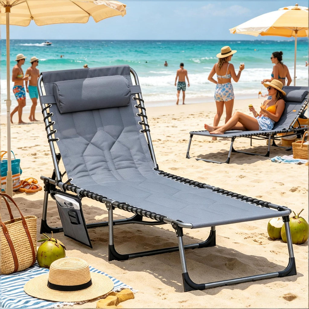 Gray Padded Folding Chaise Lounge Chair 6-Level Reclining Outdoor Camping Tanning Chair with Headrest for Beach Yard Patio Pool