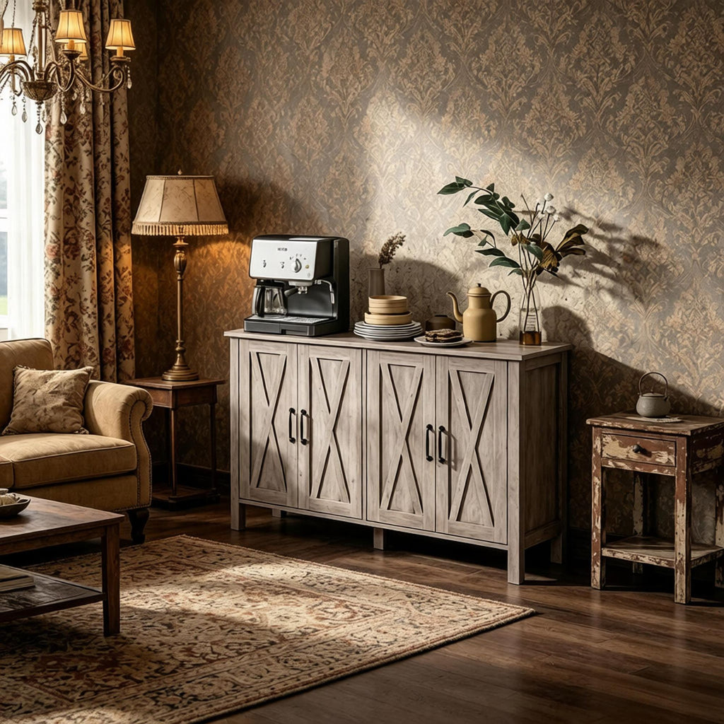 Gray Sideboard Buffet with 4 Barn Doors And 2 Adjustable Shelves Kitchen Dining Room Buffet Cabinet for Living Room Hallway