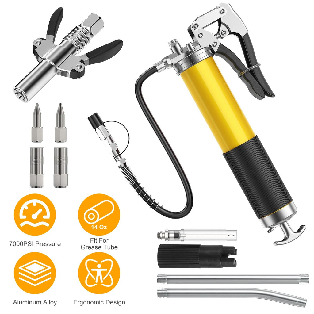 Grease Gun Kit Fit for 14 Oz Grease Tube 7000 PSI High Pressure Pistol Grip Grease Gun with Lock Coupler 11.8' Spring Flex Hose Jaw Couplers Sharp Nozzles GPCT5354