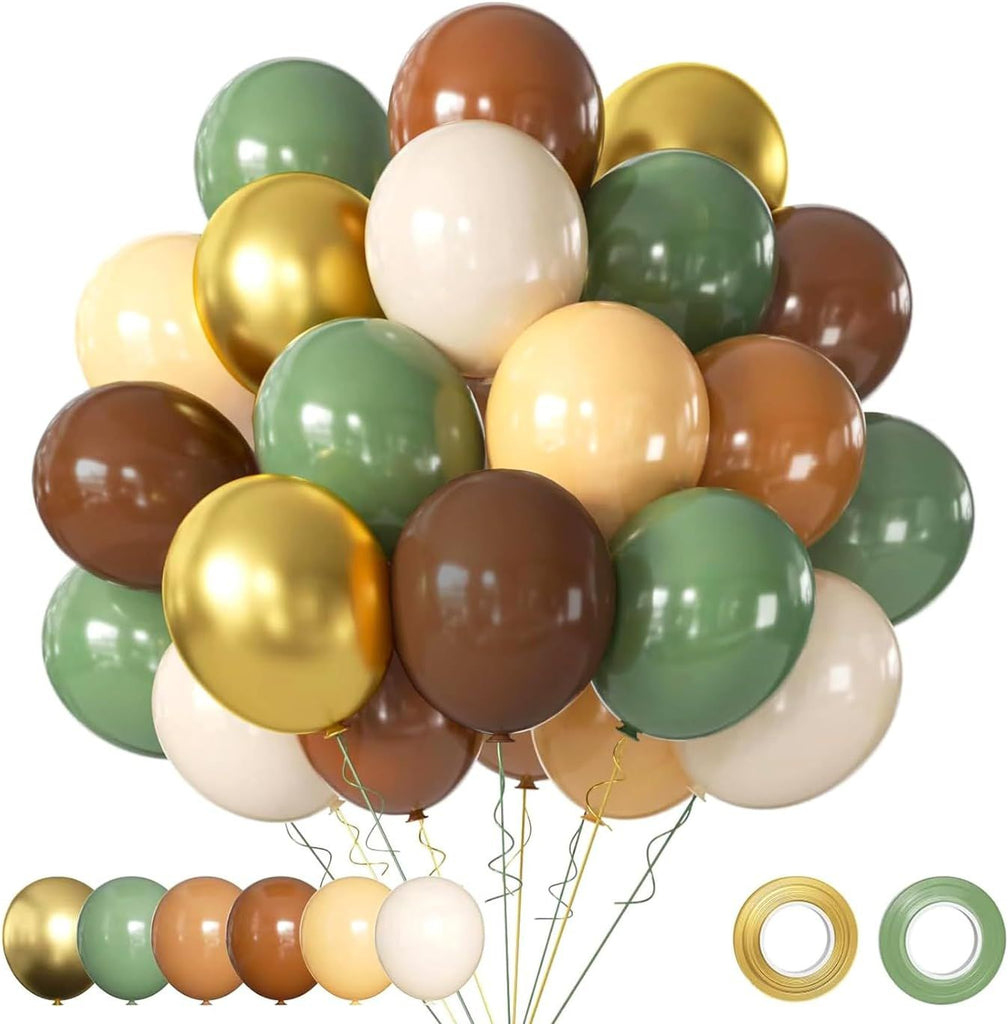 Green and Brown Balloons Set, 60 Pcs 12 Inch green brown balloons Jungle Safari Woodland Forest Balloon Metallic Gold Cream Brown Olive Green Coffee Blush Balloon for Baby Shower Birthday Decorations