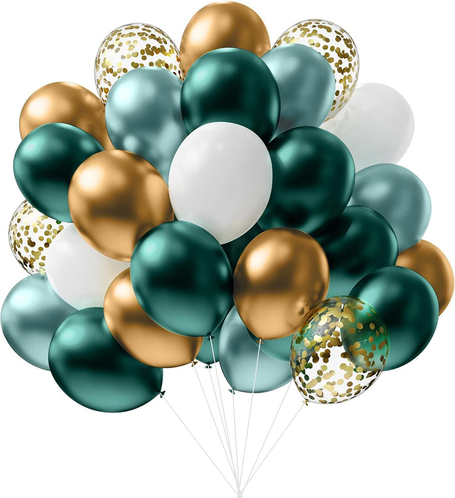 Green and Gold Balloons, 67Pcs 12 inch Metallic Green Gold Confetti Balloon for Baby Shower, Tropical, Birthday, Jungle Sarfari Party Decorations