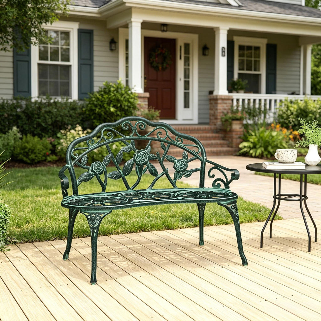 Green Cast Aluminum Outdoor Bench with Floral Rose Accent Antique Finish Metal Garden Furniture