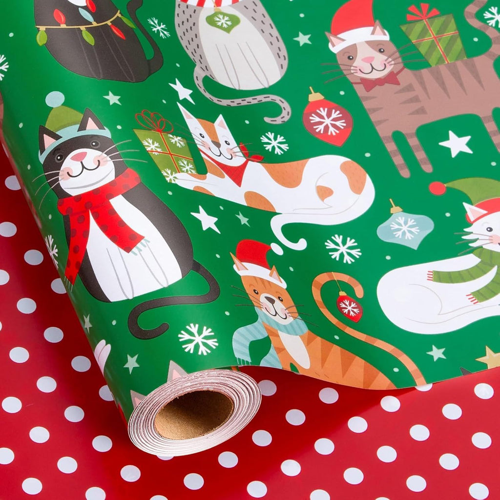 Green Cat Christmas Wrapping Paper Roll - Cute Cats with Decorations & Red Polka Dot Reversible Gift Wrap for Christmas, New Year Celebration, Cat Lover - Mini Roll - 17 Inch x 33 Feet