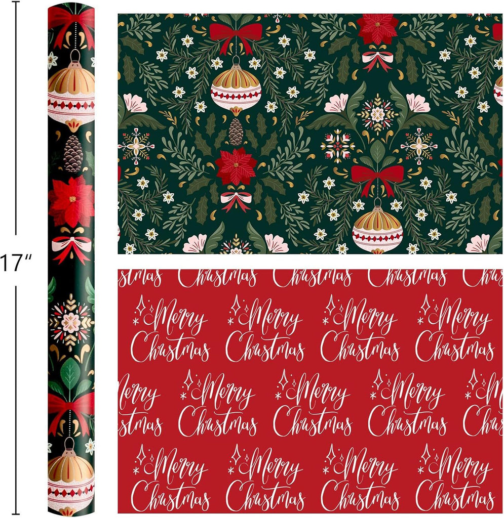 Green Christmas Reversible Wrapping Paper Roll - Metallic Foil Shine Bell with Bow, Pine Cones, Berry & Red Letters Design for Christmas, New Year Celebration - Mini Roll - 17 Inch x 16.5 Feet