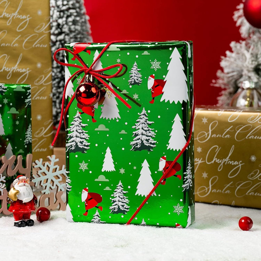 Green Christmas Wrapping Paper Roll - Metallic Shine Santa Claus and Trees & Gold Merry Letters Reversible Gift Wrap for Christmas, New Year Celebration - Mini Roll - 17 Inch x 33 Feet