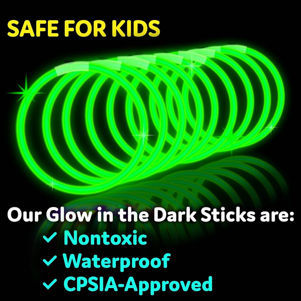 Green Glow Sticks - 100pk, 8 Inch Glow in the Dark Light Up Sticks and Connectors for Party Favors, Decorations, Necklaces and Bracelets