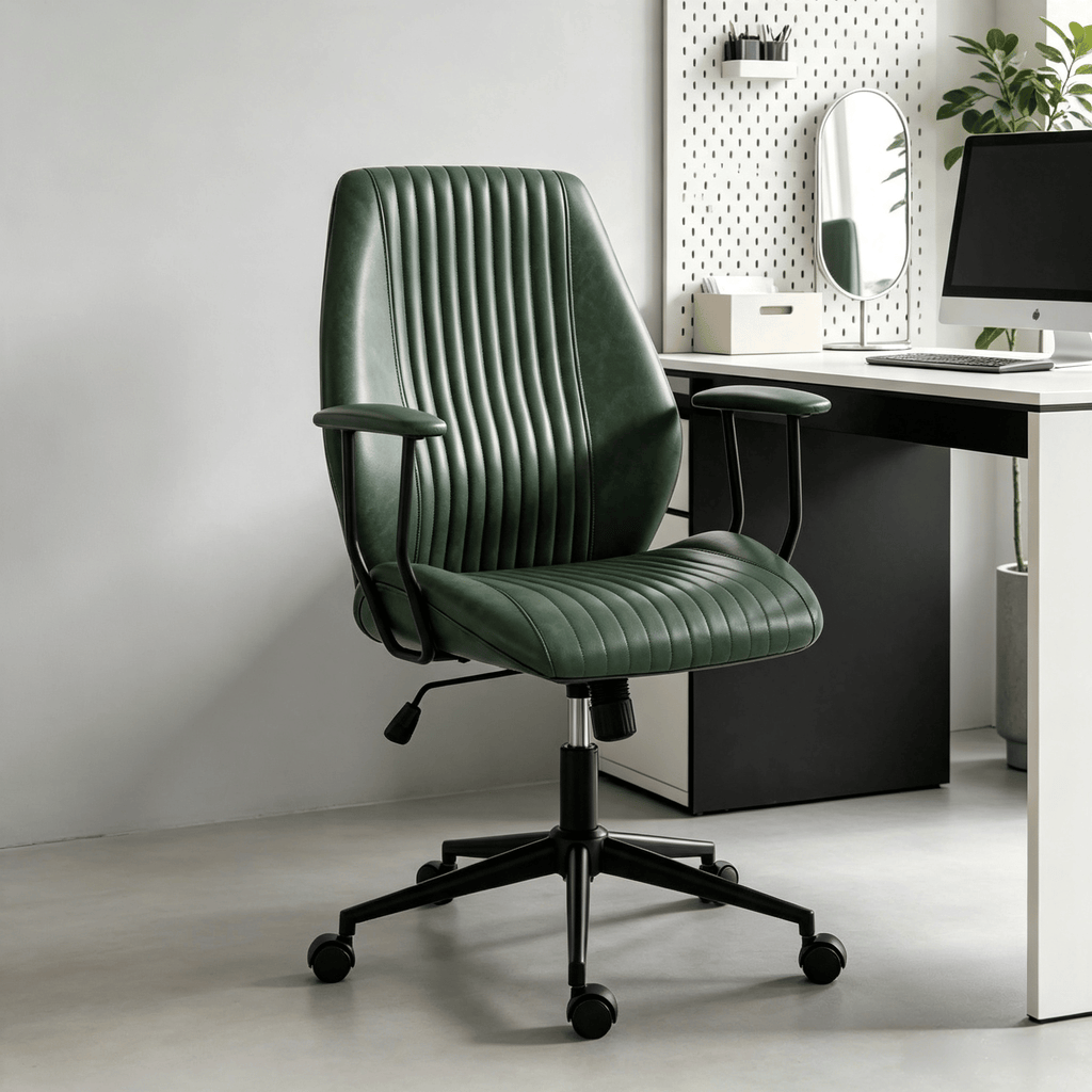 Green Leather Home Office Desk Chair Vintage Computer Chair with Padded Arms 360° Swivel Adjustable Height Tilt Function