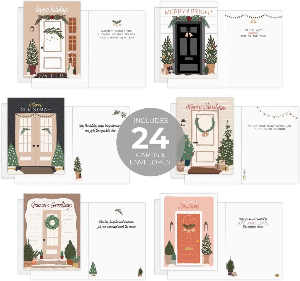 Greenery Christmas Doors Card Pack / 24 Holiday Greeting Cards With White Envelopes / 4 5/8" x 6 1/4" Festive Winter Illustrated Cards / 6 Modern Seasonal Designs