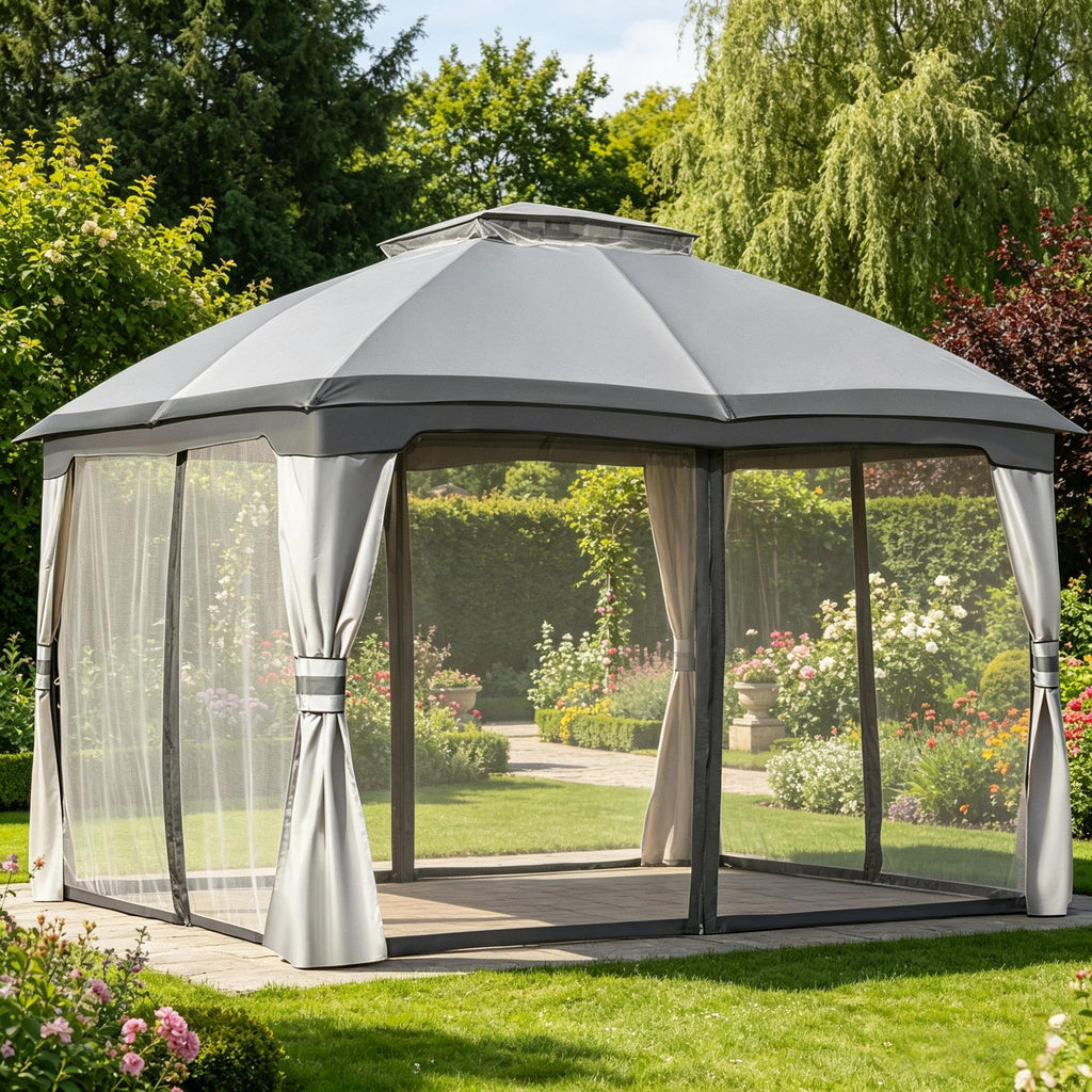 Grey 10' X 12' Outdoor Gazebo Patio Canopy Shelter with Double Vented Roof And Zippered Mesh Sidewalls on Solid Steel Frame