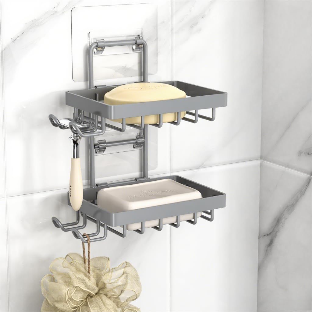 Grey Double Soap Bar Holder for Shower, No Drilling, 304 Rustproof Stainless Steel, Wall Mounted Soap Holder with 4 Hooks and Razor Holder, Shower Rack Soap Tray Bar Soap for Bathroom