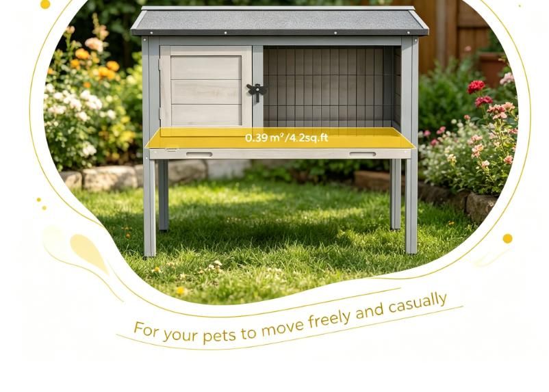 Grey elevated rabbit bed wooden rabbit cage with hinged asphalt roof and detachable tray, suitable for indoor/outdoor use