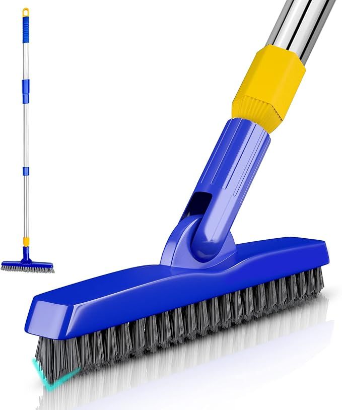 Grout Brush with Long Adjustable Handle, Swivel Scrub Brush, V-Shape Grout Line Scrubber with Stiff Bristle for Deep Cleaning Tile Grout, Shower, Kitchen, Hard-to-Reach Corners