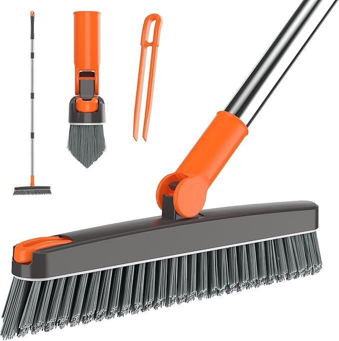 Grout Brush with Long Handle 180° Swivel Scrub Brush with Tweezers to Hair Clip V-Shape Grout Line Scrubber Stiff Bristles for Deep Cleaning Crevice, Tile Line, Shower, Kitchen, Corners