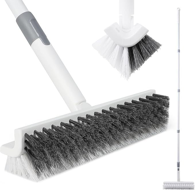 Grout Brush with Long Handle, 57" Grout Cleaner for Tile Floors, Double-Sided with V-Shape Stiff Bristles for Bathroom, Patio, Kitchen, Wall, Corners and Deck