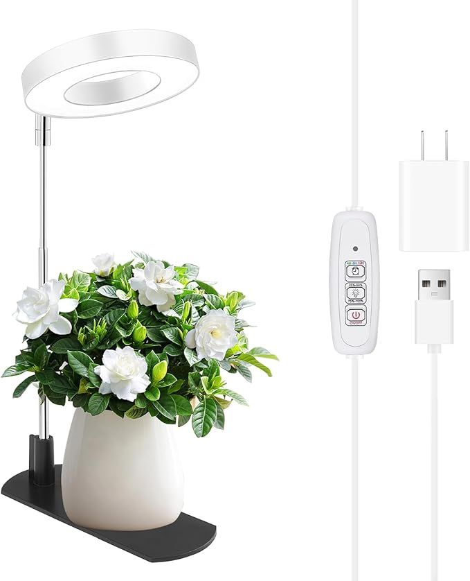 Grow Light for Indoor Plants, Full Spectrum Halo Plant Grow Light with Base, Height Adjustable Plant Growing Lamp with Auto On/Off Timer 4/8/12H, 4 Dimmable Brightness, for Small Plants, White.