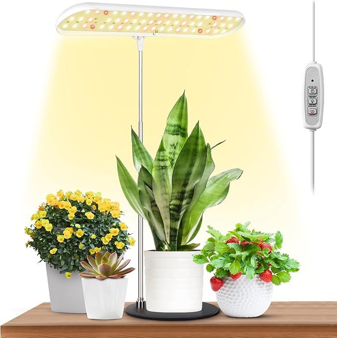 Grow Light, Full Spectrum Desktop Grow Lamp with Base, Bright LED Plant Light with Auto On/Off Timer 4/8/12H, 4 Dimmable Brightness, Height Adjustable, Ideal for Indoor Plants