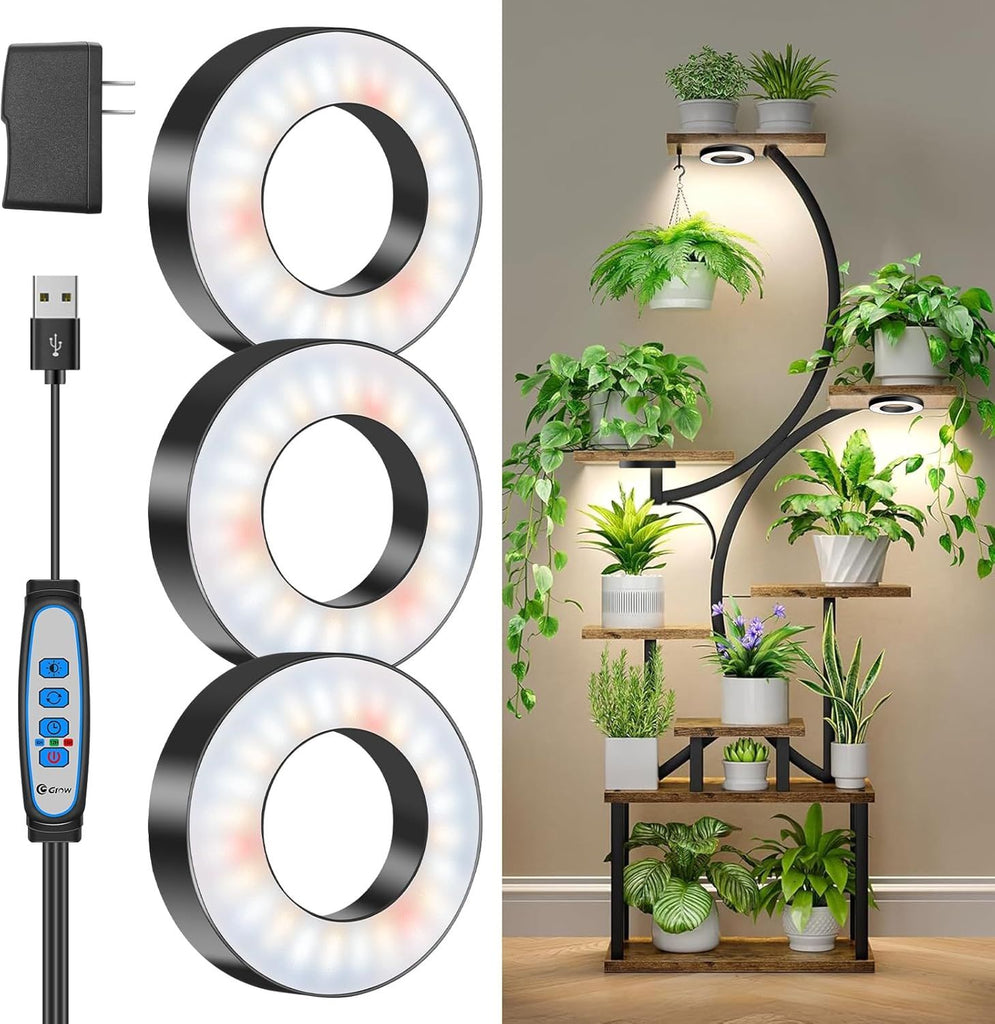Grow Lights for Indoor Plants, 144 LEDs Full Spectrum LED Plant Grow Light, 5V/3A Under Cabinet Grow Lamp with Auto Timer 6/12/16 Hrs, 3 Lighting Mode, 5 Brightness Levels, Tri Head (3.5in)