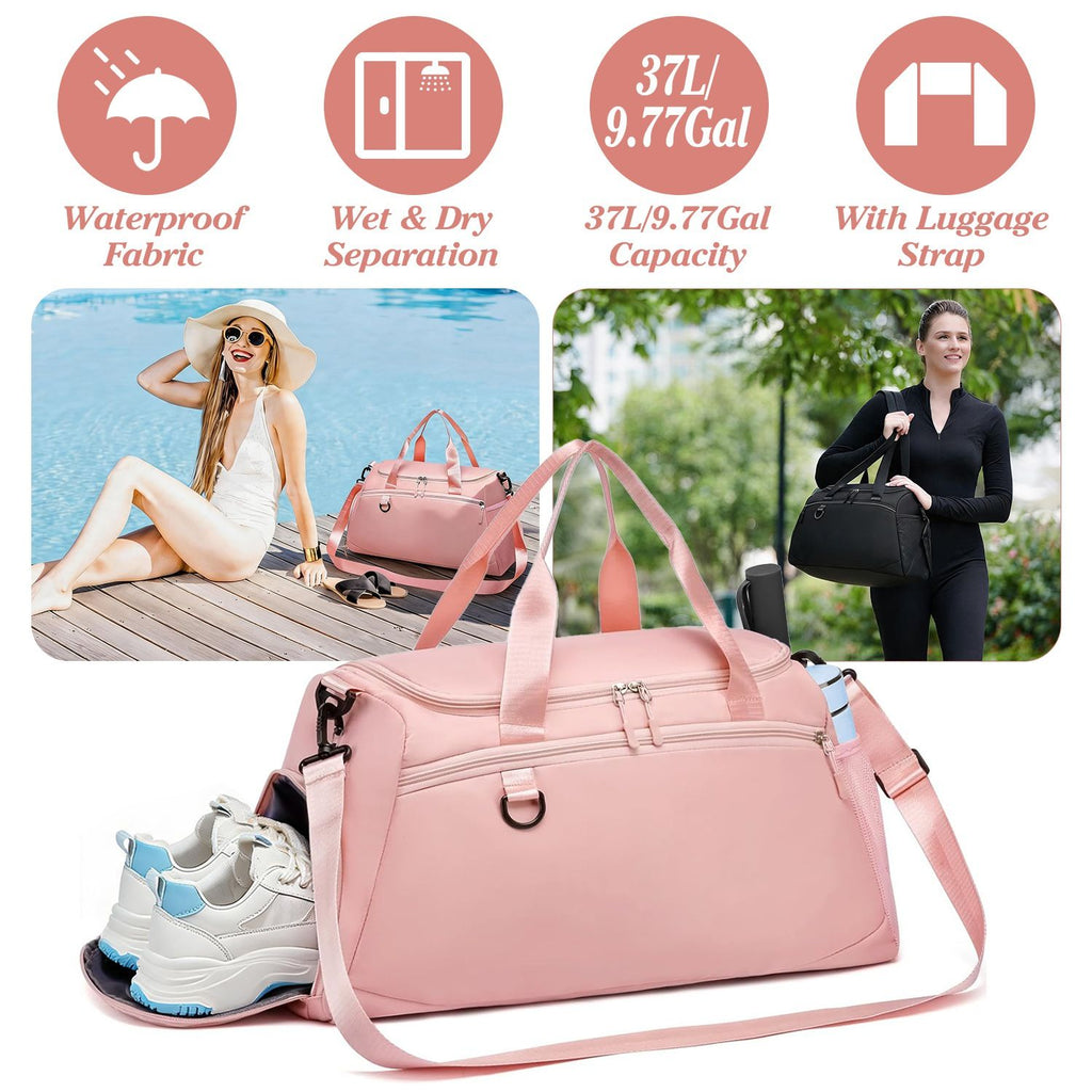 Gym Duffle Bag with Shoe Compartment & Wet Pocket 37L Waterproof Sports Travel Bag for Men Women Carry On Weekender Overnight Tote with Adjustable Shoulder Strap for Gym Swim Yoga Travel