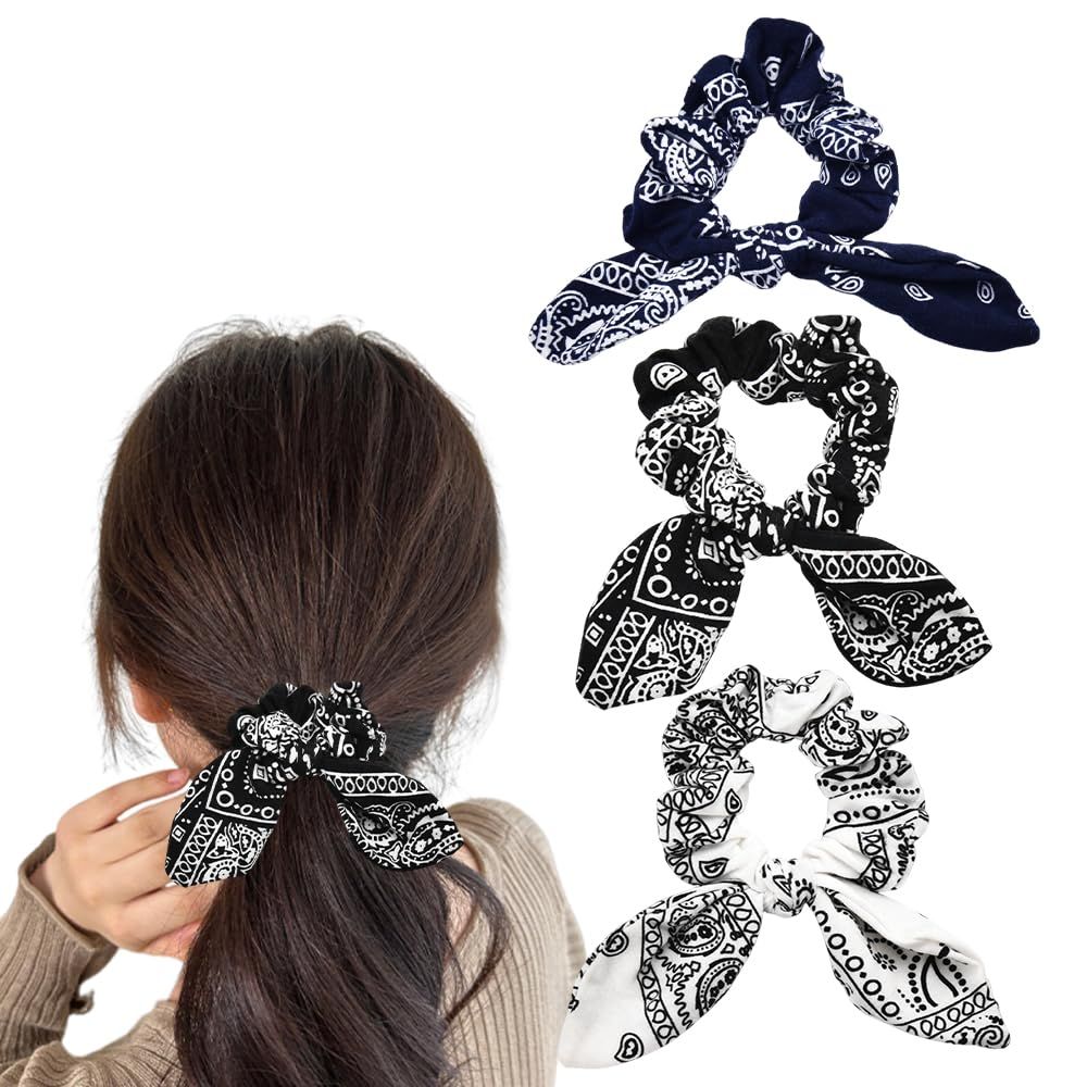 Hair Bow Scrunchy Hair Ties for Girls Ponytail Holders for Women Bunny Ear Scrunchies 3Pcs