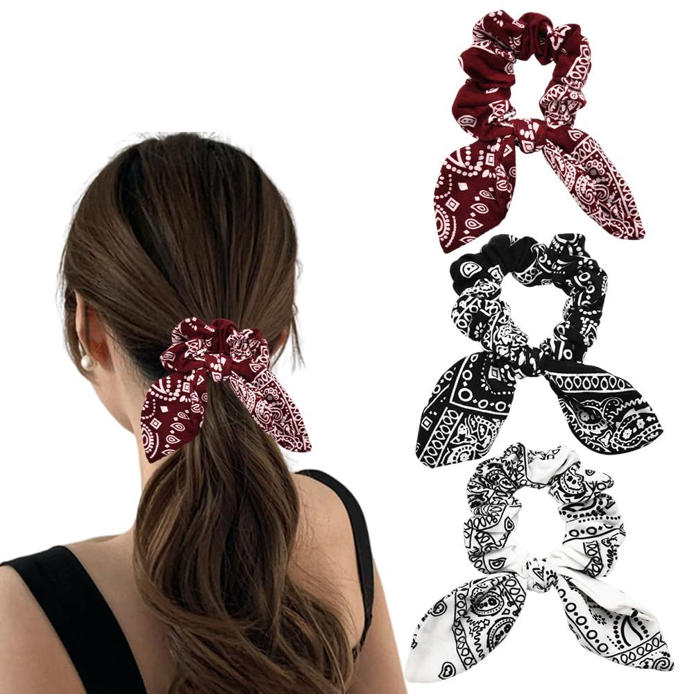 Hair Bow Scrunchy Hair Ties for Girls Ponytail Holders for Women Bunny Ear Scrunchies 3Pcs