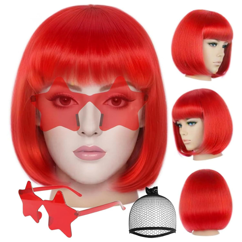 Hair Cap + (Sunglasses) Red Bob Wig with Bangs Womens Red Party Wigs with Star Shape Sunglasses Short Neon Wig Daily Party Outfit Fun Wigs Women Halloween Costume Night Club Bachelorette Hair
