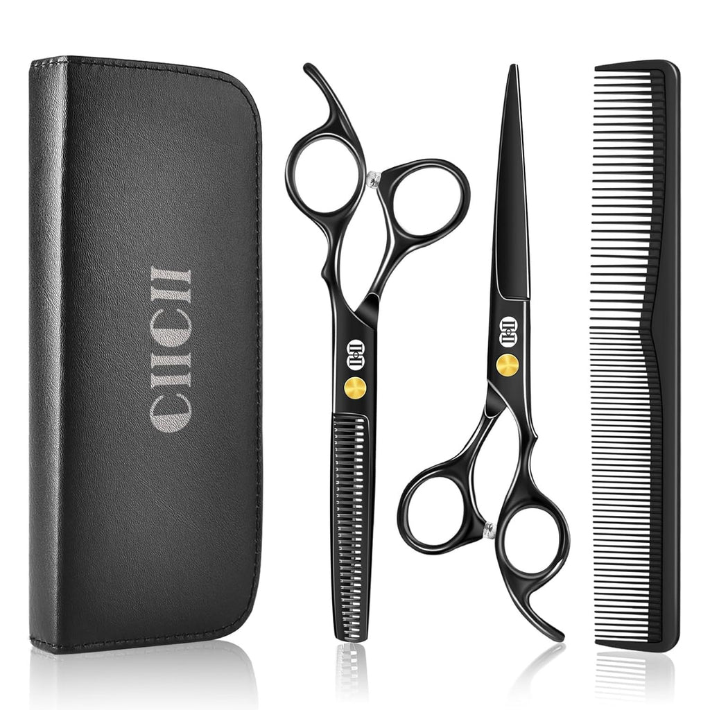 Hair Cutting Scissors Shears Kit, Professional Barber Haircut Scissors Set (6.7 Inch Hair Beard Hairdressing Trimming Haircutting Thinning Shears) for Men Women Hairdresser Home Salon (Black)