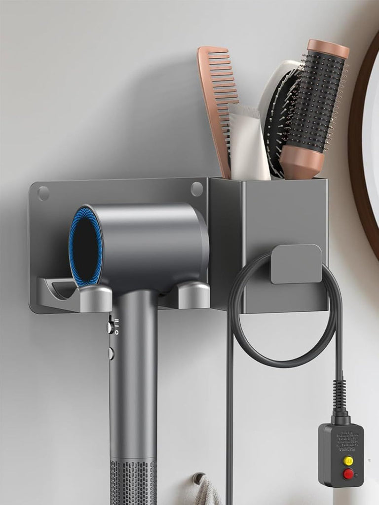 Hair Dryer Holder Wall Mounted with Tool Organizer, Blow Dryer Holder Compatible With Dyson/Shark, Hair Dryer Hanger Adhesive/Screw Mount for Bathroom, Vanity, Bedroom
