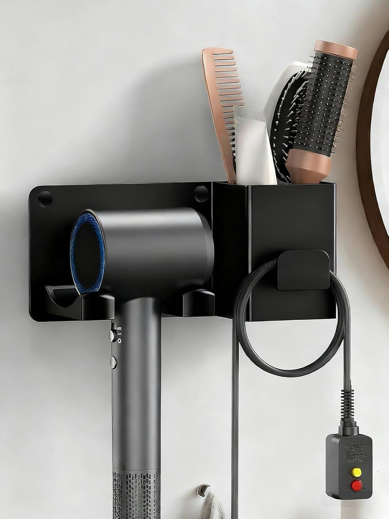 Hair Dryer Holder Wall Mounted with Tool Organizer, Blow Dryer Holder Compatible With Dyson/Shark, Hair Dryer Hanger Adhesive/Screw Mount for Bathroom, Vanity, Bedroom