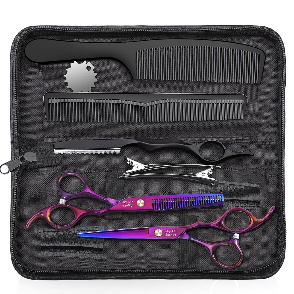 Hair Scissors Professional - 10 PCS Haircut Scissors Set, Thinning Shears for Hair Cutting with 30 Teeth, Straight Shears for Men Women Home Salon Barber (6.7", Purple)