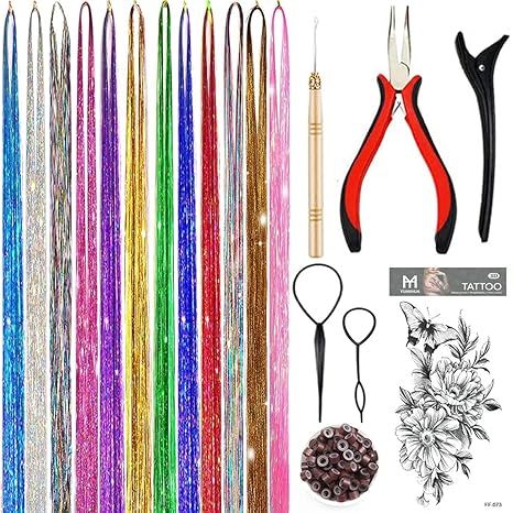 Hair Tinsel Kit, Fairy Tinsel Hair Extensions With Tool 2760 Strands 12 Colors Holographic Heat Resistant Sparkling Hair Glitter for Christmas New Year Party (48 Inch)