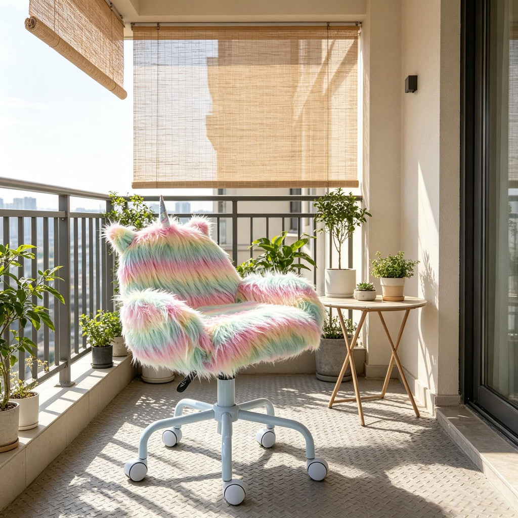 Hairy unicorn mid back office chair with armrest support, 5-point rotating base, white base, rainbow design, suitable for home work