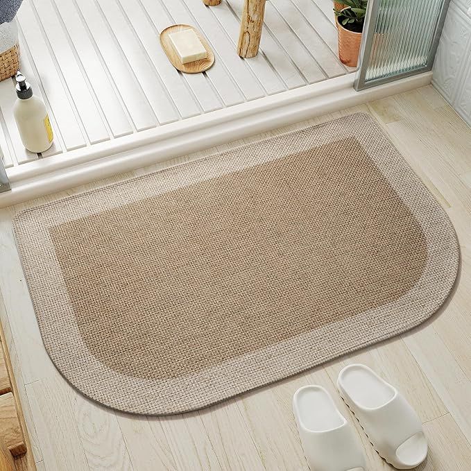 Half Circle Bath Mat, Thin Bathroom Rugs Fit Under Door Quick Dry Non Slip Washable Bathroom Mat with Rubber Backing, Absorbent Half Round Shower Rug, Brown Beige 16x24