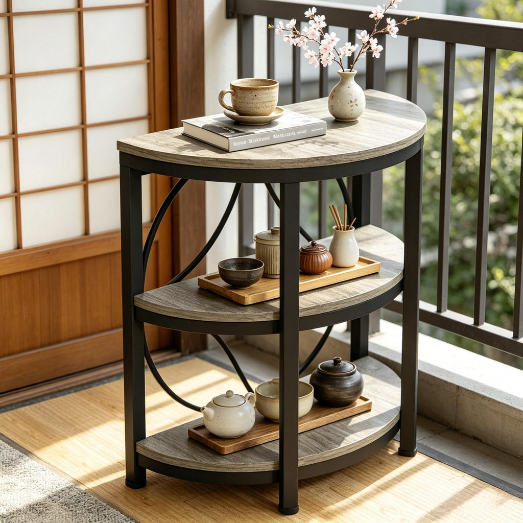 Half-Round End Table 3-Tier Narrow Side Table with Metal Frame Living Room Coffee Table Sofa Table