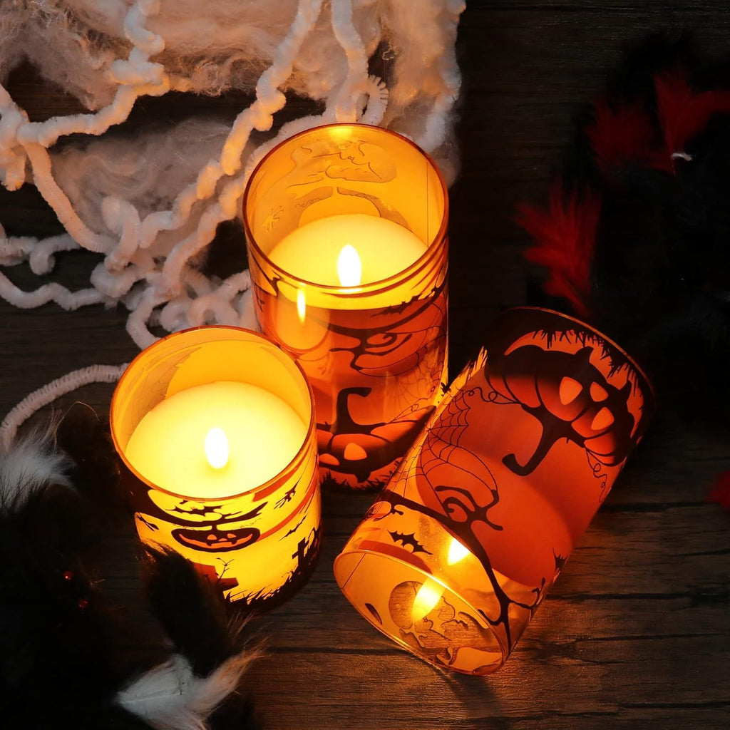 Halloween Candles with Pumpkins, 3 Pack Flameless Candles with Remote Timer, Orange Pumpkin Glass Candles Battery Operated with Spiderweb, Halloween Spooky Indoor Decorations (D3' x H4'5'6')