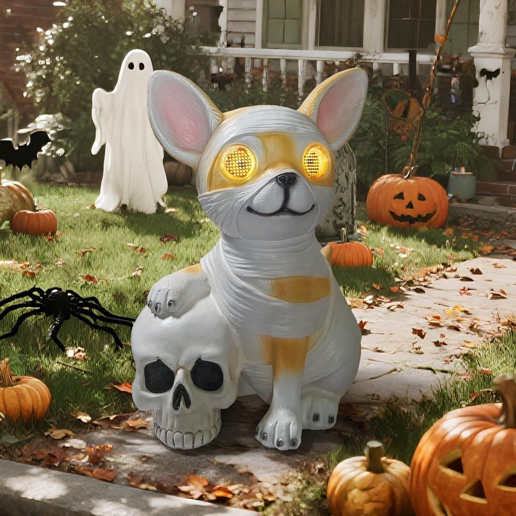 Halloween Decor Outdoor Solar Dog Statue Garden Decorations Holding Skeleton Statue Lights