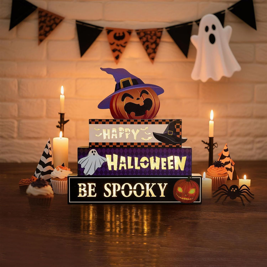 Halloween Decorations Indoor 9.4inch Premium Wooden Block Set with Glowing 3D Letters, Timer, Battery Powered Rustic Farmhouse Centerpiece for Home, Table, Mantel, Shelf Halloween Party Decor