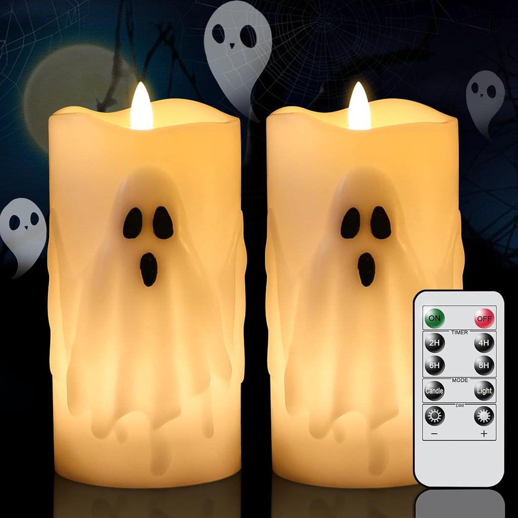 Halloween Ghost Flameless Pillar Candles with Remote Timer, Battery Operated LED Candles for Halloween Decorations Indoor Halloween Home Decor Gifts (2 Pack, 3' x 6.5')