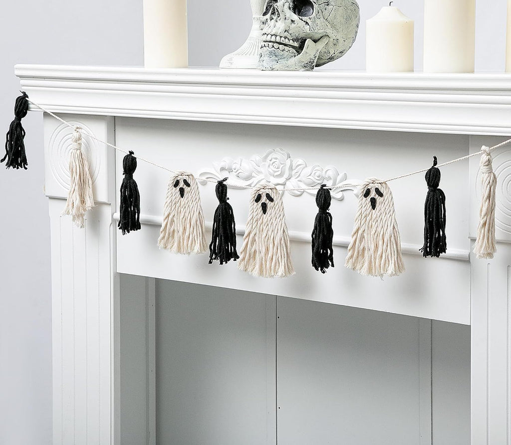 Halloween Ghost Tassel Garland, Black White Ghosts Macrame Banner Decor, Hanging Boho Ghost Decoration