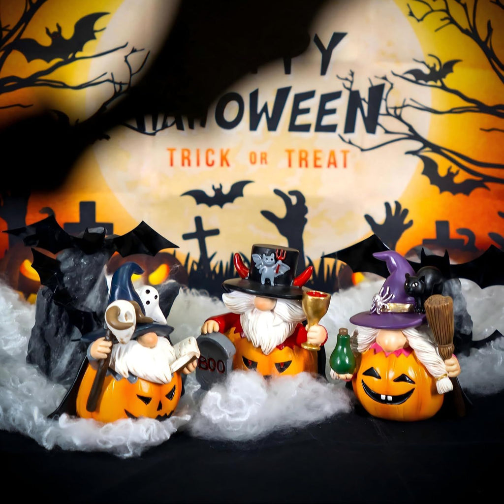 Halloween Gnome Set of 3PCS Halloween Gnomes Pumpkin Themed Resin Halloween Gnomes Decor for Tier Tray Vampire Wizard Witch Gnomes Gifts for Women(Pumpkin)