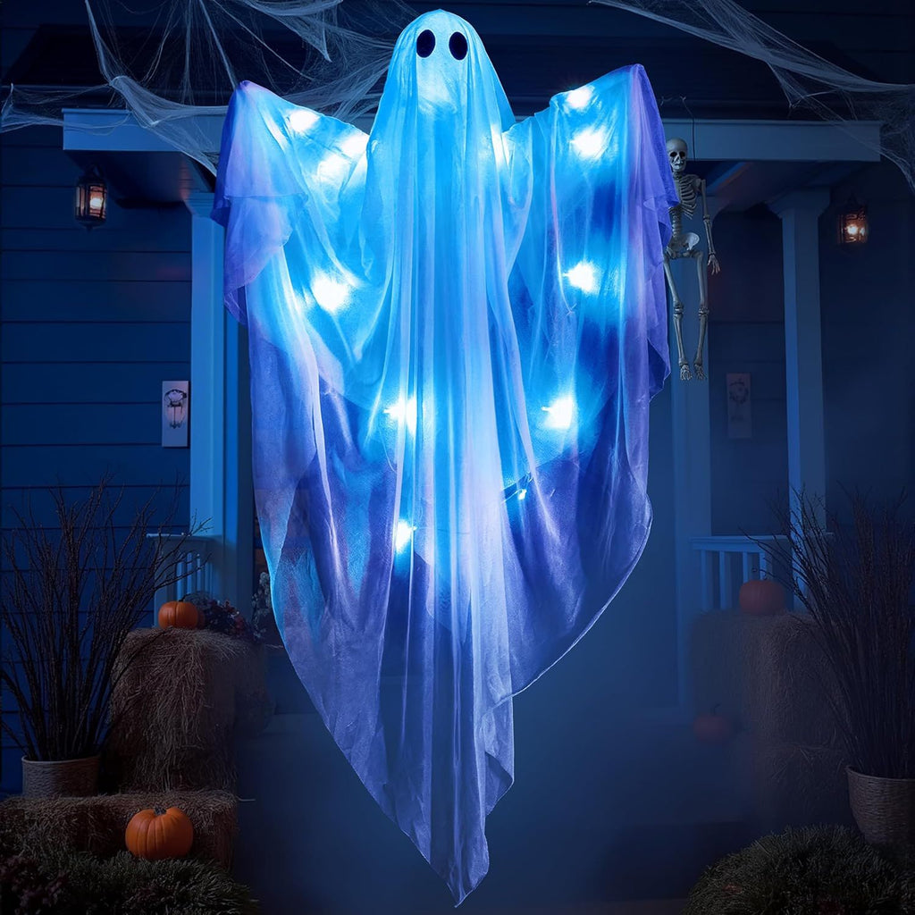 Halloween Hanging Light up Ghost with Spooky Blue LED Light, 47' White Ghosts Halloween Hanging Decoration