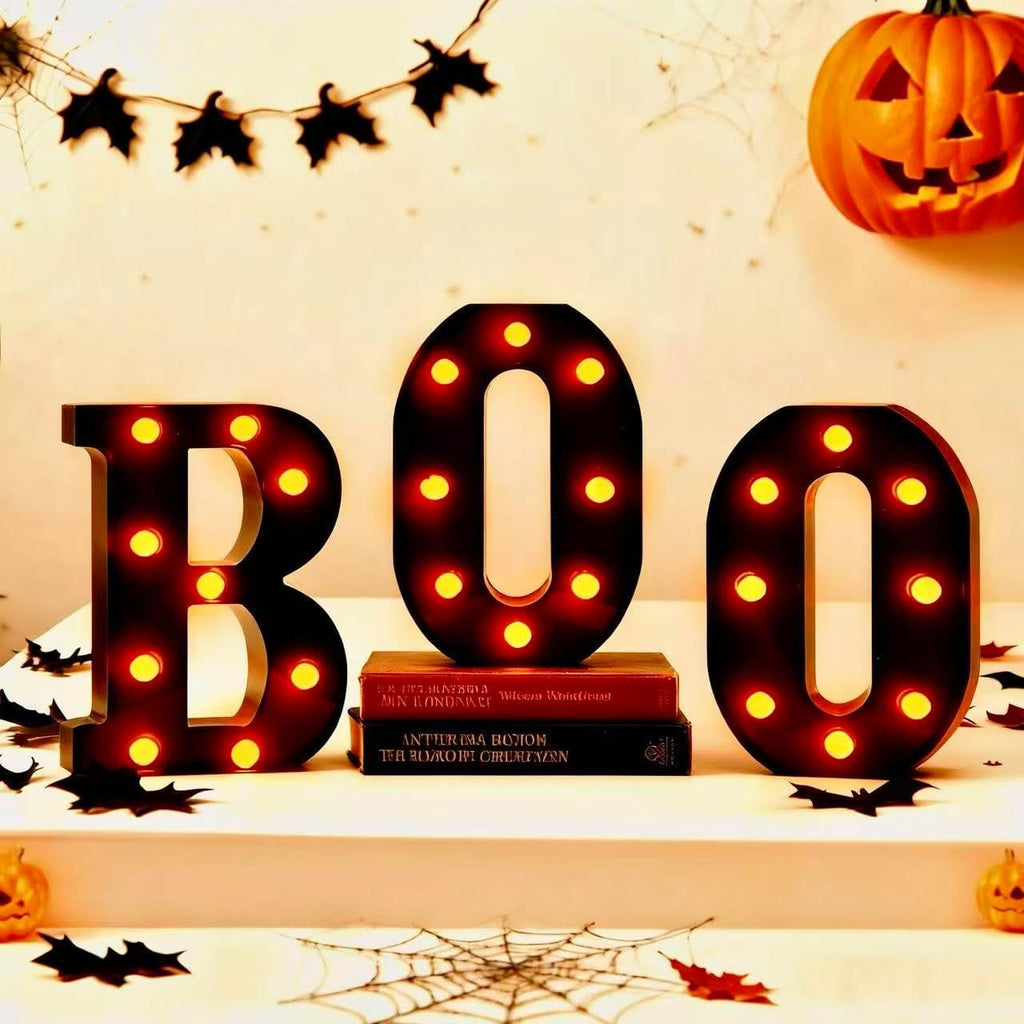 Halloween LED Marquee Letters 'BOO' Set - 3 Pcs Black Alphabet Lights with Orange Glow, Perfect for Halloween, Christmas,Birthday Party